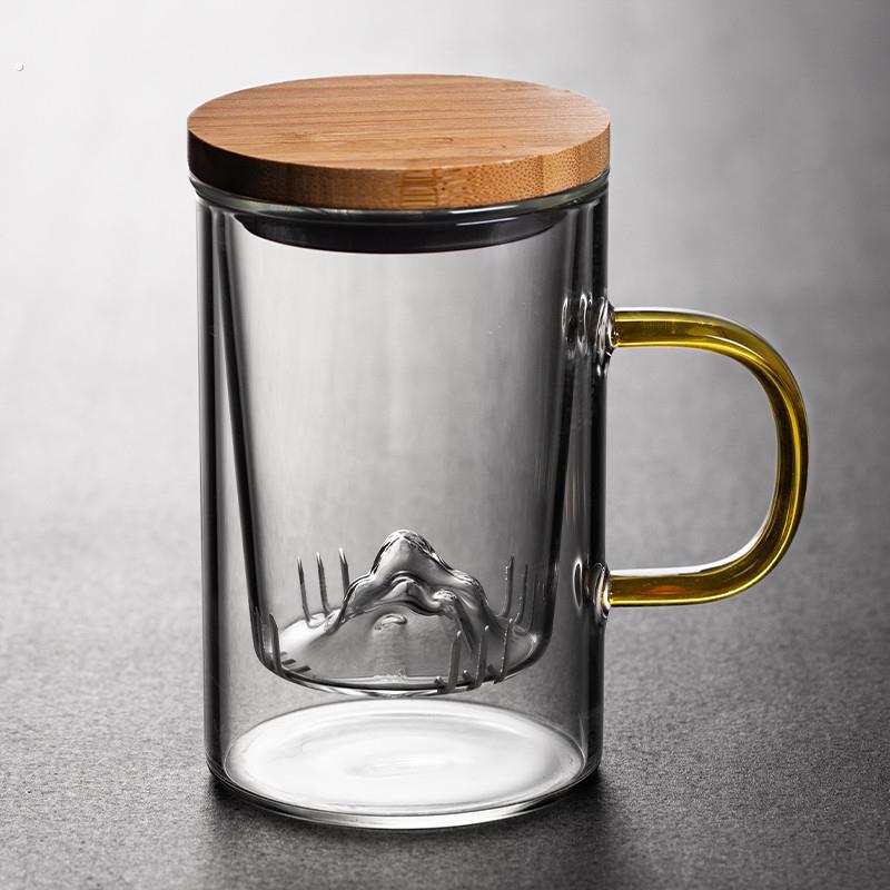 高硼硅玻璃水杯观山杯茶水分离泡茶杯过滤三件杯竹木盖杯子茶水杯
