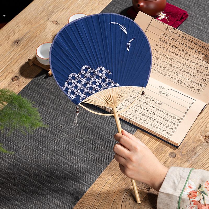 手工团扇竹柄简约布艺团扇 纯色复古风扇子日式和风古典刺绣团扇