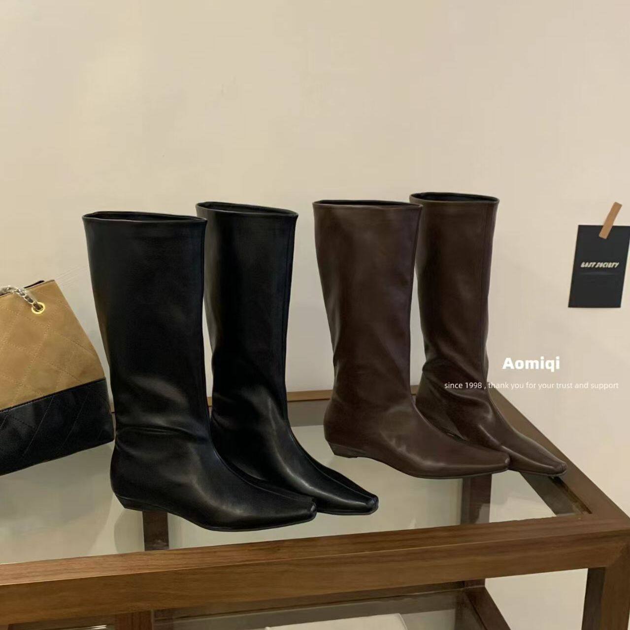 法式长筒靴复古风方头高筒中跟骑士靴女显瘦宽筒套筒不过膝长靴