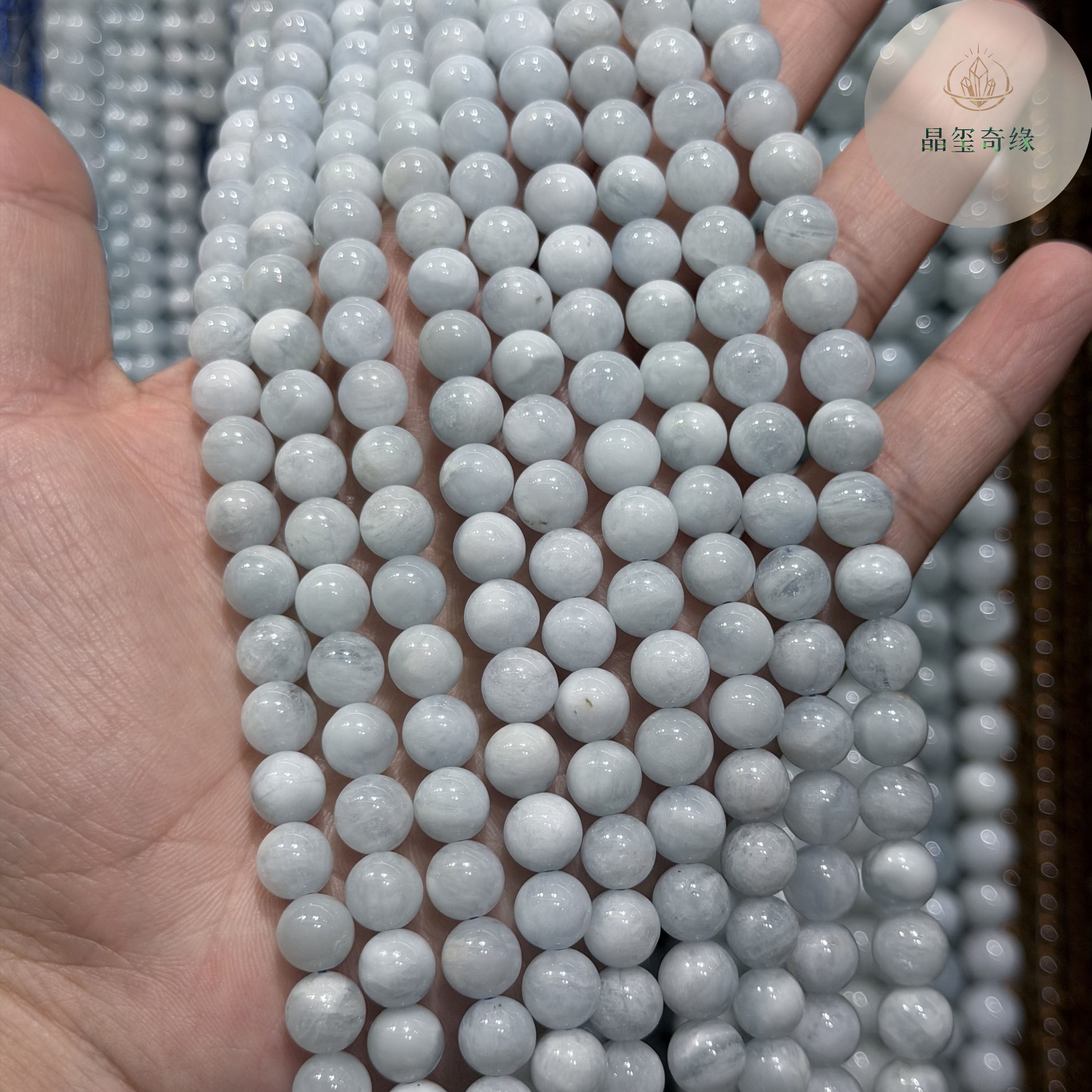 4-10mm天然海蓝宝圆珠散珠半成品 棉絮包裹体diy饰品项链手链配珠