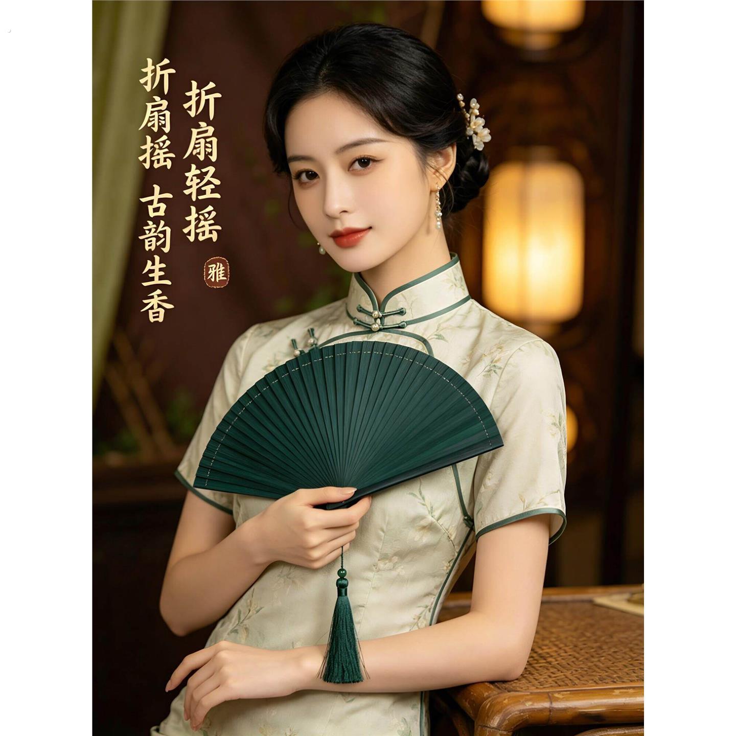 全竹古风小扇子夏季手工小巧可携式大号舞蹈折叠汉服旗袍折扇