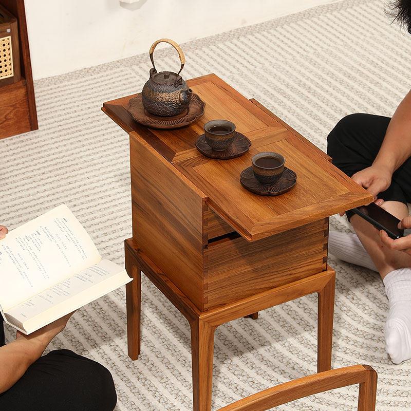 户外实木茶台高档柚木提篮茶凳收纳盒一体黑胡桃小阳台茶桌新中式