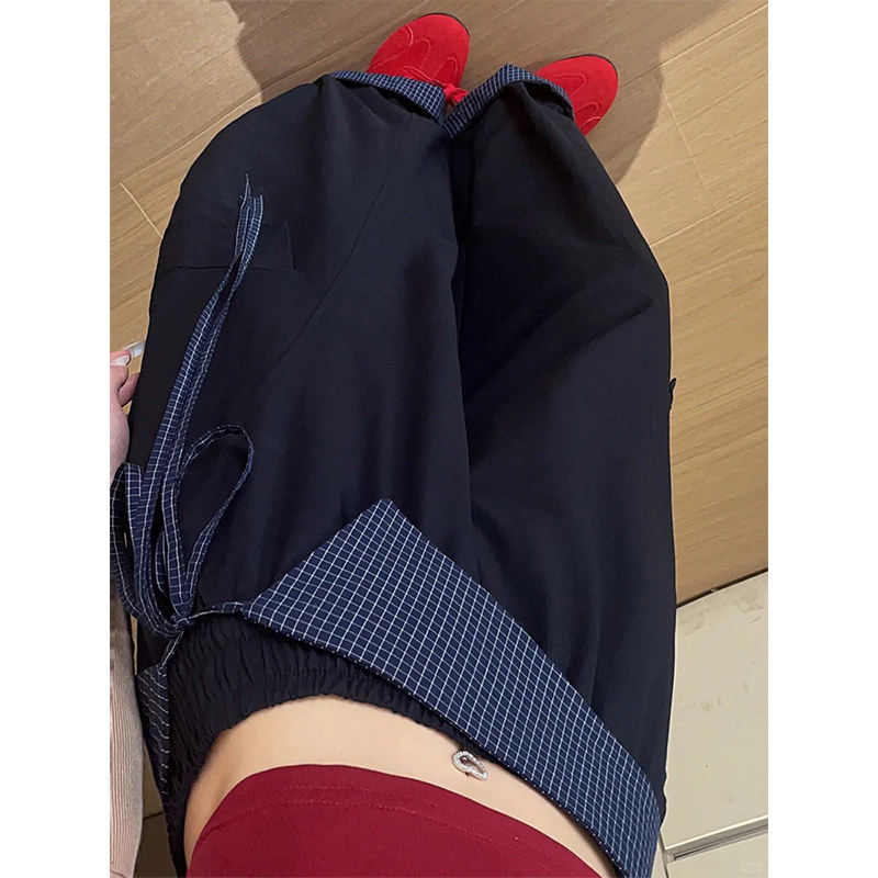 藏青色格子屁帘裤女夏季薄款高腰垂感工装裤小个子宽松弯刀阔腿裤