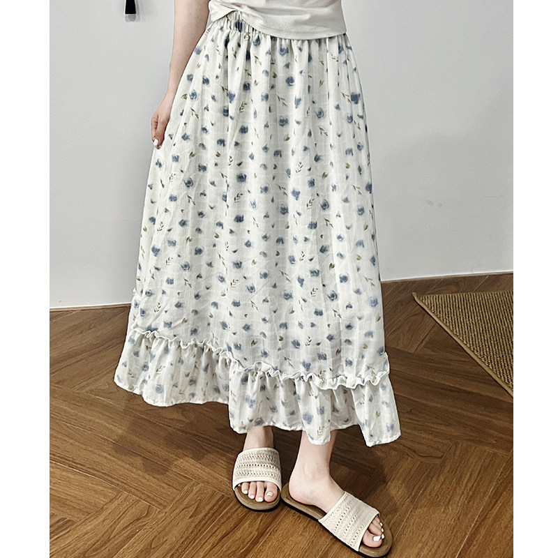 独特漂亮蓝色裙子女夏季小个子木耳边碎花半身裙高腰显瘦a字长裙