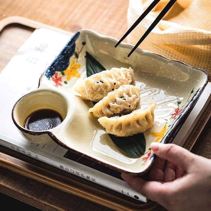 盘子饺子盘带醋碟家用陶瓷分格盘日式餐盘碗盘好看餐具釉下彩