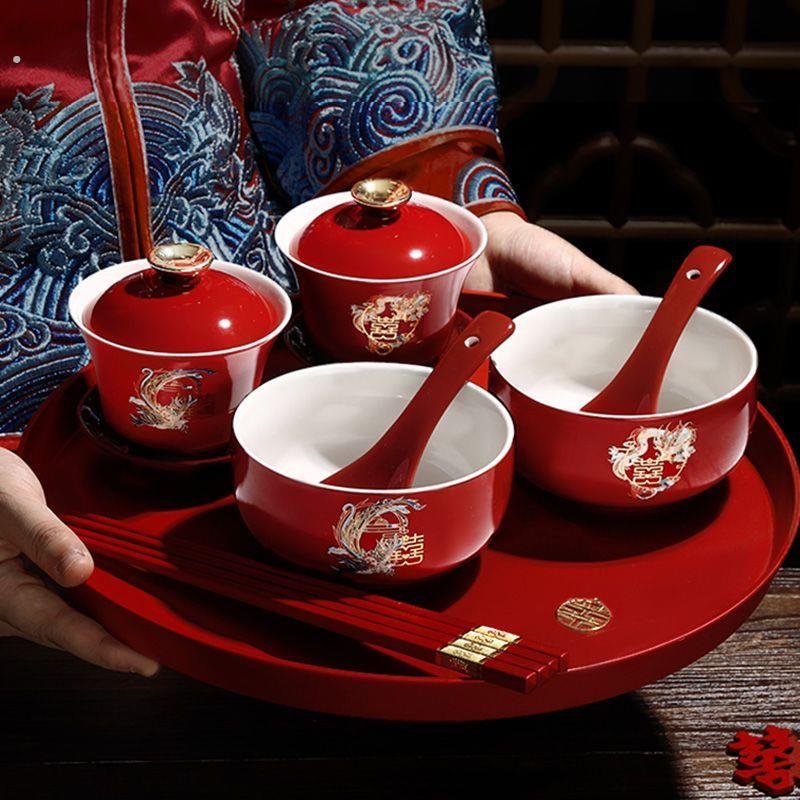 茶杯结婚改口陪嫁喜碗一对婚礼龙凤敬酒碗筷用品茶具杯子套装大全