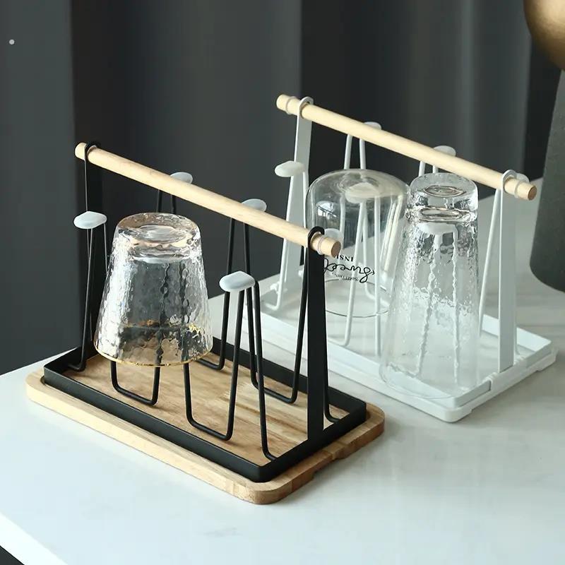 杯子收纳置物架日式铁艺沥水杯架家用 手提带托盘架 客厅厨房杯