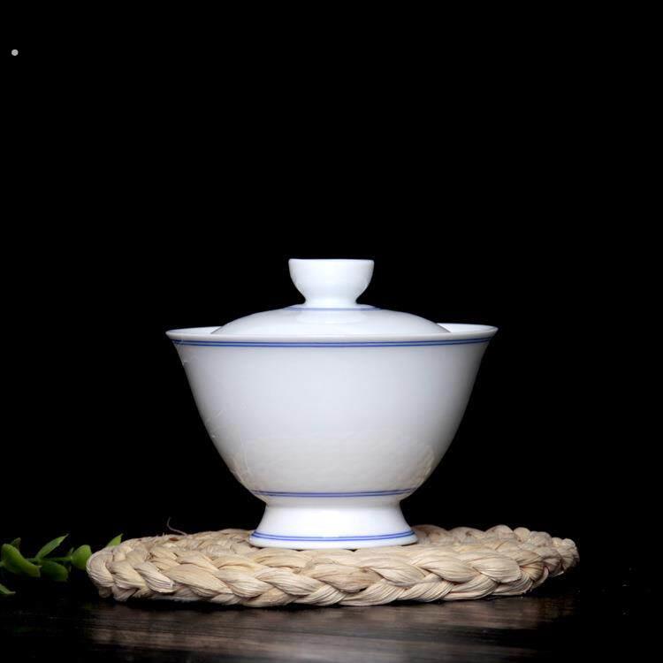 手绘双线高白大号码盖碗白瓷功夫茶具敬茶杯陶瓷三才杯茶备
