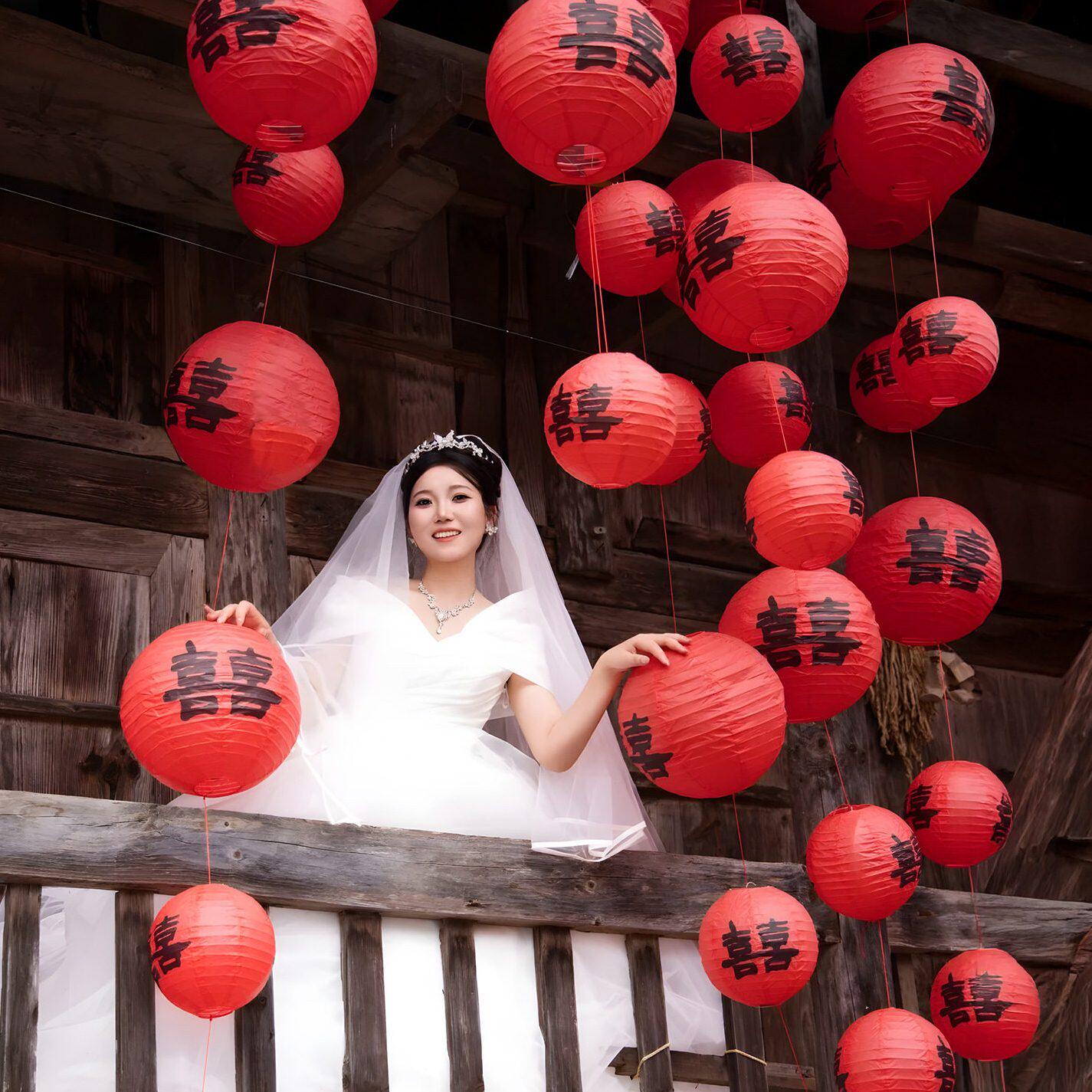 甄选结婚布置红色喜字灯笼瀑布庭院子树挂婚房装饰婚礼阳台大门口