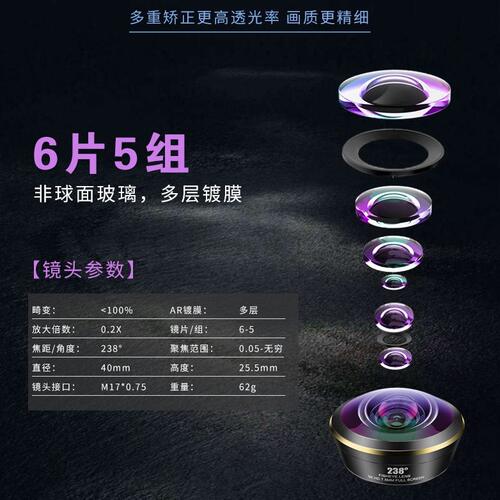 甄选立见L-8180 238°清全屏鱼眼 通用手机镜头7.5mm大角度鱼眼镜