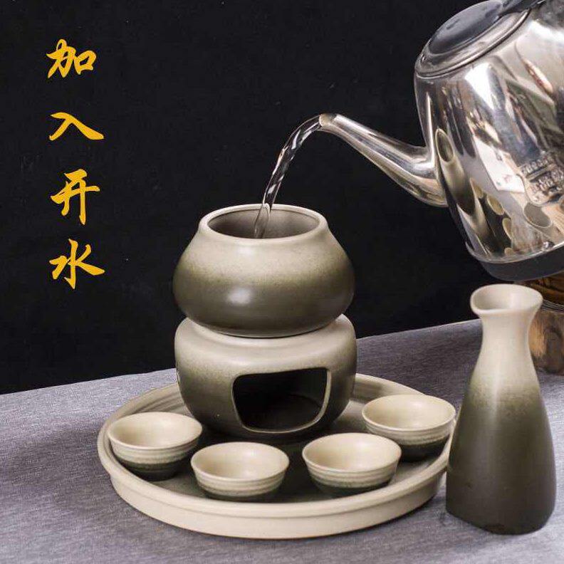 甄选家用温酒壶四两蜡烛保温酒炉酒杯套装日式黄酒烫酒一壶四杯陶