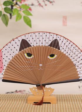 甄选烤漆柄手绘猫扇日本女生竹叠折扇卡通龙猫扇真丝创意日式工艺