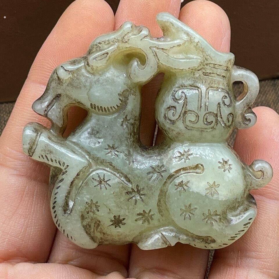 明清古玩玉器老物件汉代岫玉仿古董玉石把件挂件小鹿吊坠