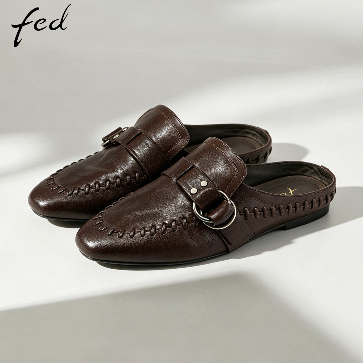 fed真皮穆勒鞋女包头平底金属扣