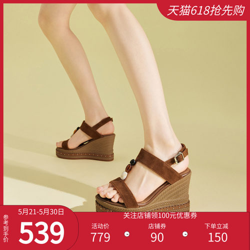 fed夏季坡跟一字带女款时装凉鞋