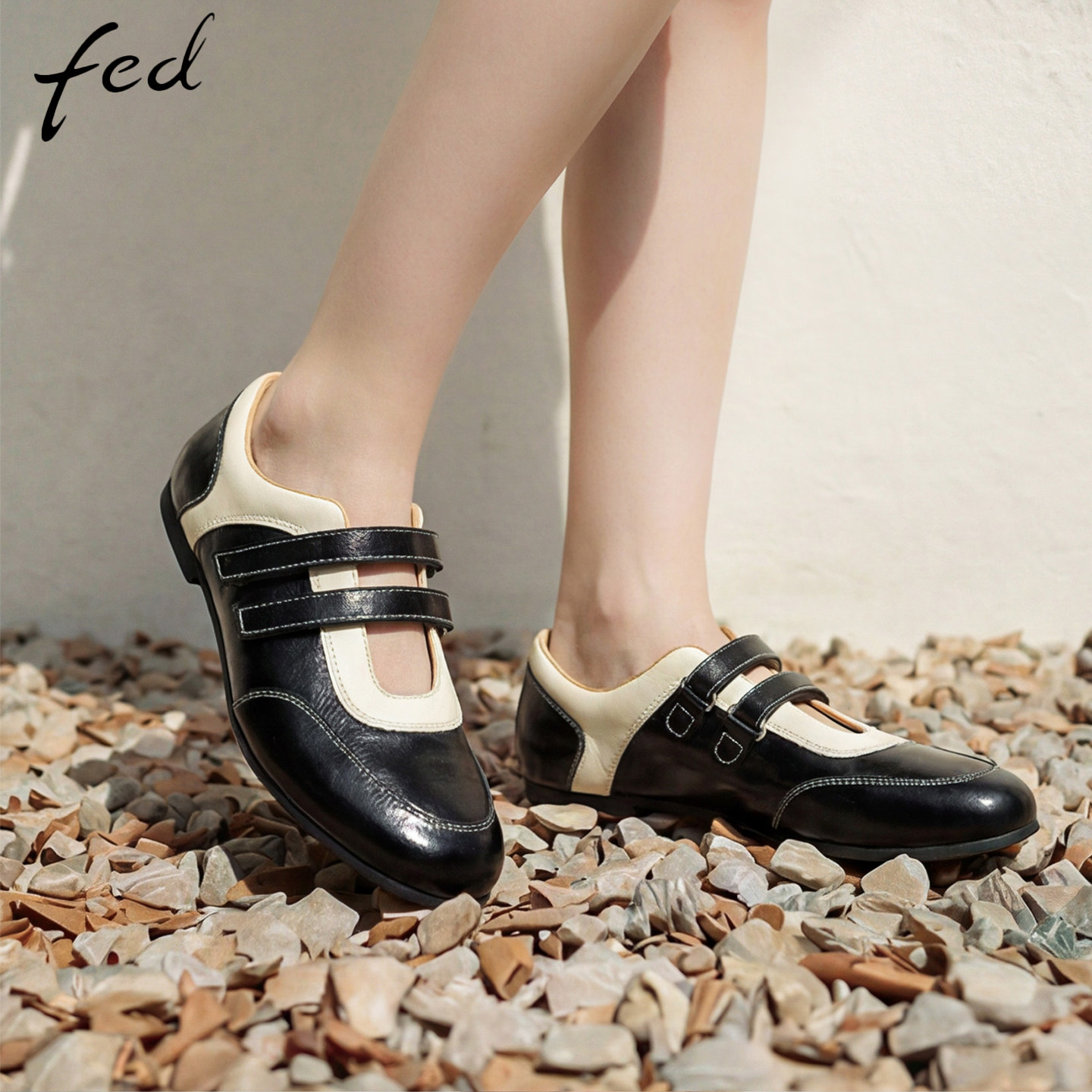 fed黑白双带玛丽珍女平底英伦