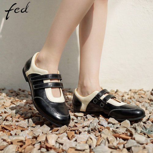 fed黑白双带玛丽珍女平底英伦