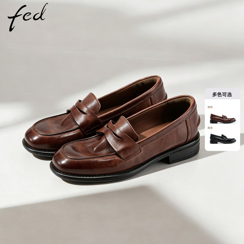 fed粗跟乐福女鞋黑色小皮鞋通勤