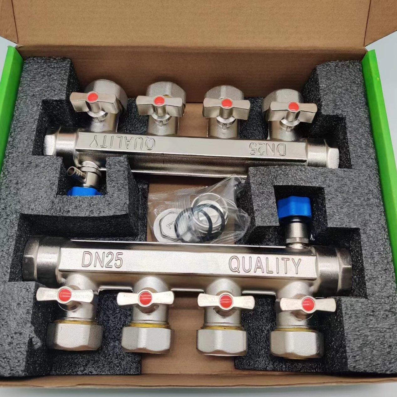 甄选地暖分水器黄铜分集水器地热分水器1寸DN25分水器主阀门