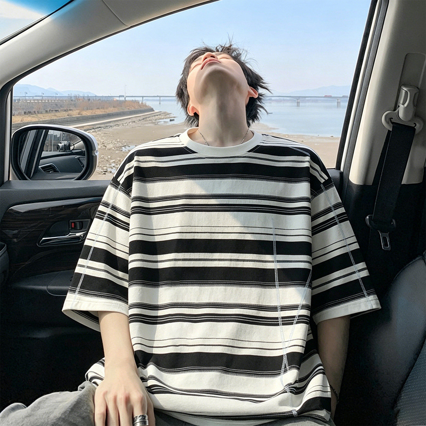 哈苏线条纹美式复古短袖T恤男