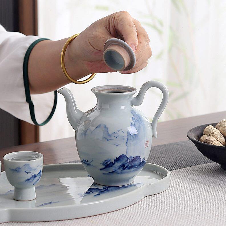 甄选陶瓷中式仿古草木灰手绘酒具酒杯带托盘套装家用白酒分酒器商