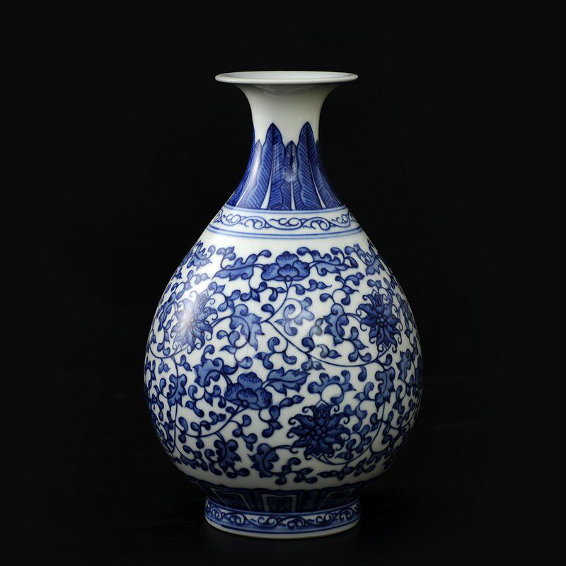 景德镇陶瓷器花瓶 仿古青花瓷缠枝莲玉壶春 中式古典家居装饰摆件