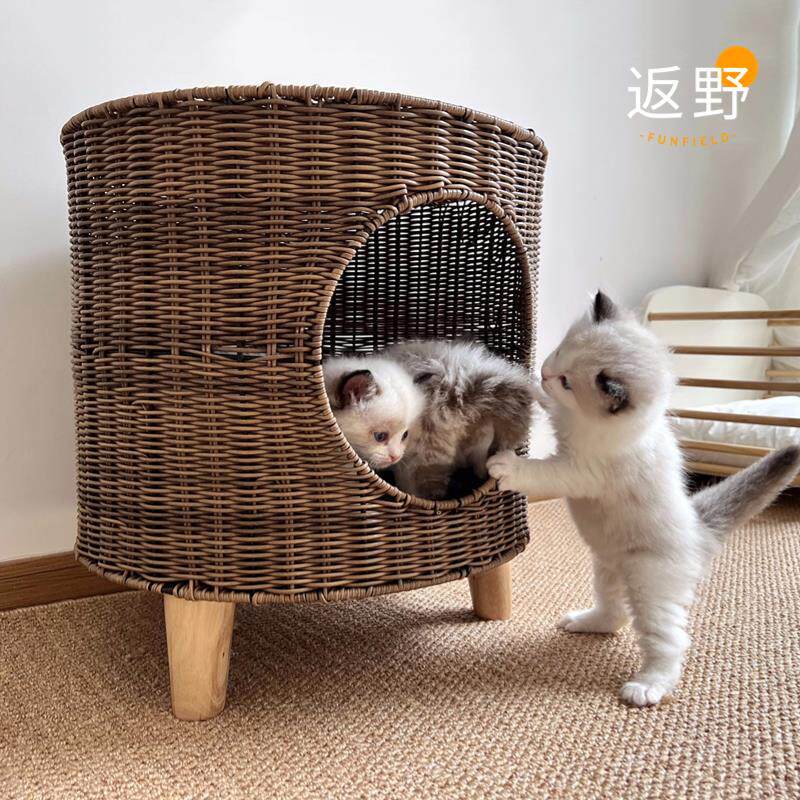 返野安全感中古风复古编织三家猫窝换鞋凳猫爬架四季保暖猫窝实木