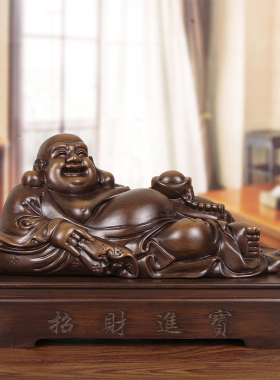 木雕招财弥勒佛摆件家用客厅茶室书房大肚笑佛工艺品公司禅意装饰