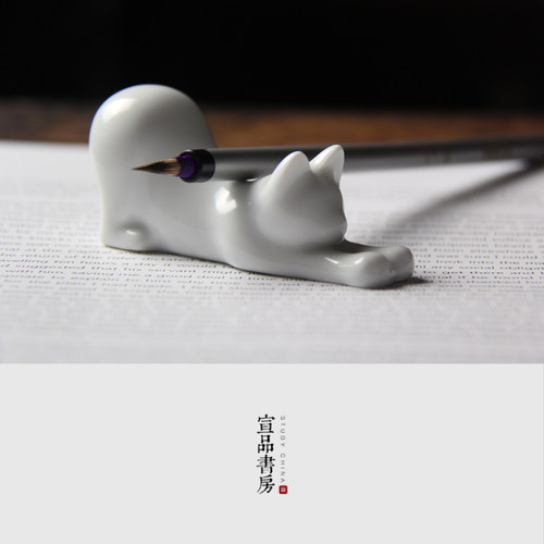 毛笔笔搁景德镇日式陶瓷可爱萌虎笔搁毛笔书法创意摆件笔山笔架笔