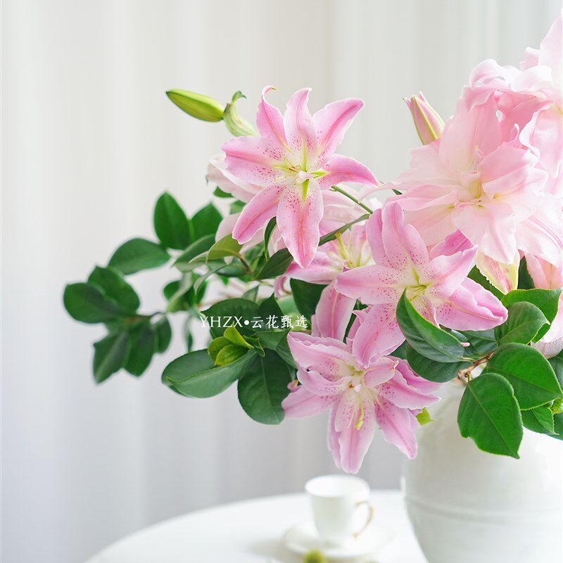 【云花甄选】浅粉色重瓣百合山茶叶组合花期久鲜花新中式玄关装饰