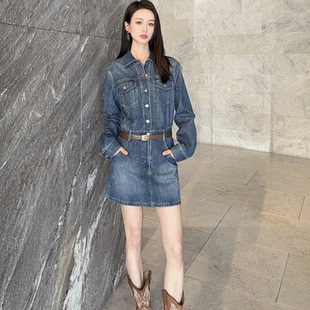 阿玛施丹宁风长袖牛仔连衣裙洗水复裙子女550044