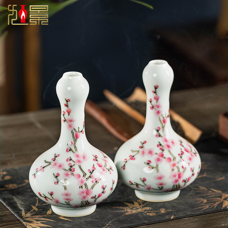 景德镇陶瓷花瓶粉彩中式复古客厅玄关柜瓷瓶摆件一对装饰品蒜头瓶