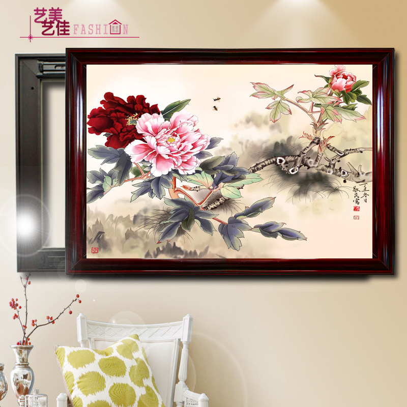 电表箱装饰画新中式实木配电箱免打孔可推拉中国画液压上翻遮挡画