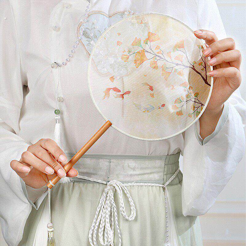 团扇双面古典扇子古风半透圆形流苏女古装汉服旗袍丝质古装扇子