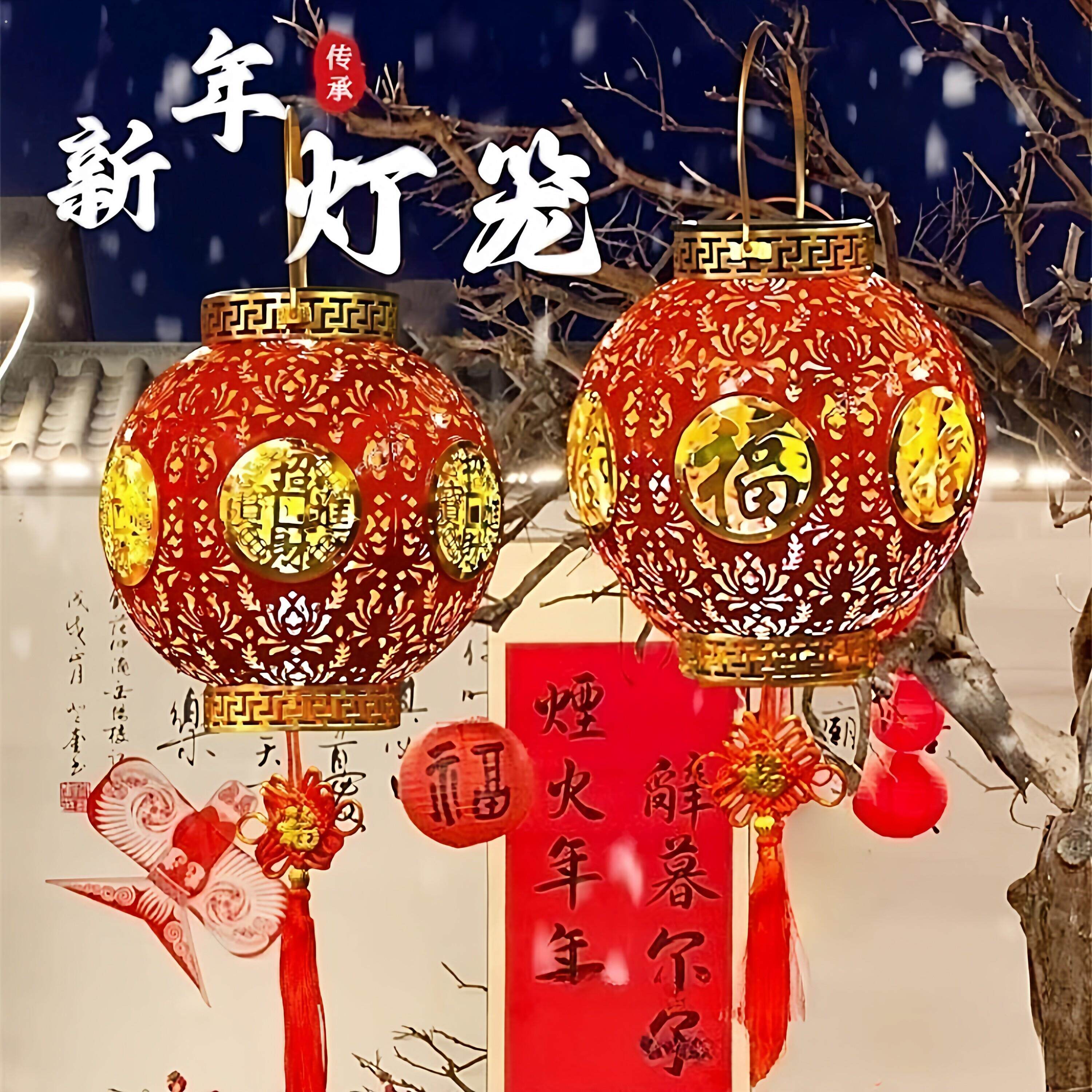 中国风太阳能红灯笼铁艺户外免接线庭院门口挂饰春节元宵阳台装饰