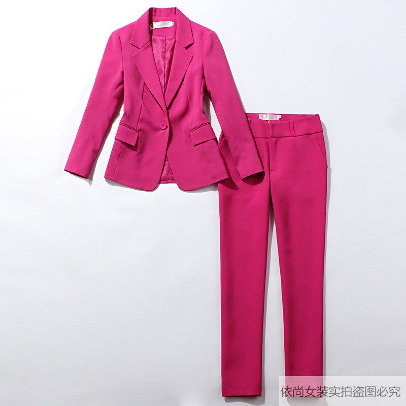 小西服女2021秋冬款时尚修身套装女气质玫红色西装套装裤子两件套