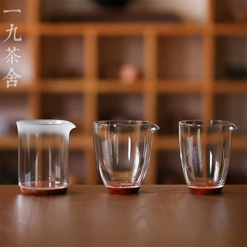 新羽 耐热玻璃公道杯 分茶器 木底茶海 耐热 公杯 功夫茶具 日式