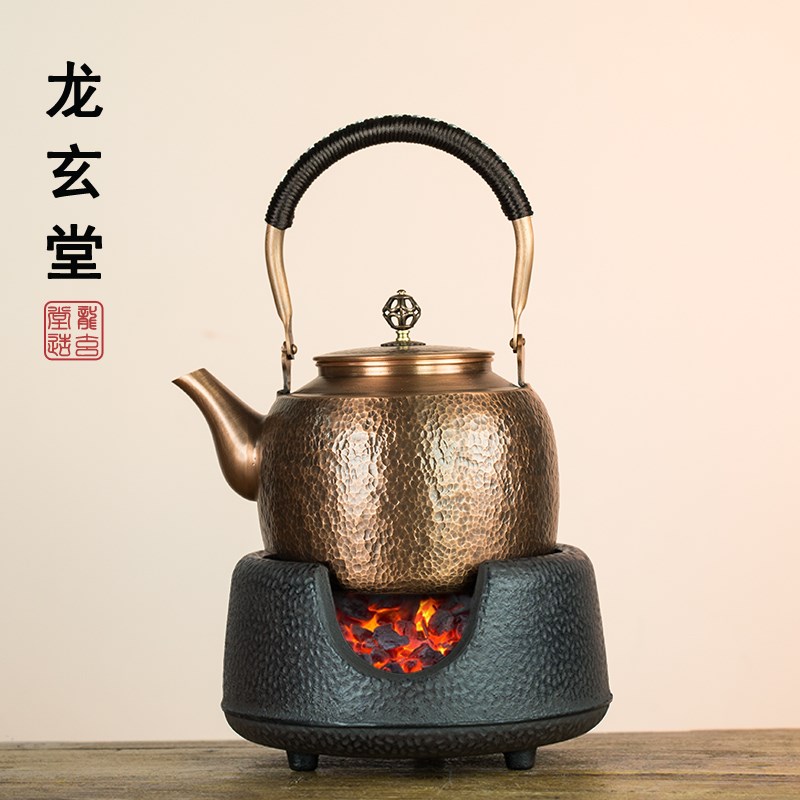 紫铜壶炭炉套装户外煮茶炉纯手工铜茶壶酒精炉烧水壶茶具木碳炉