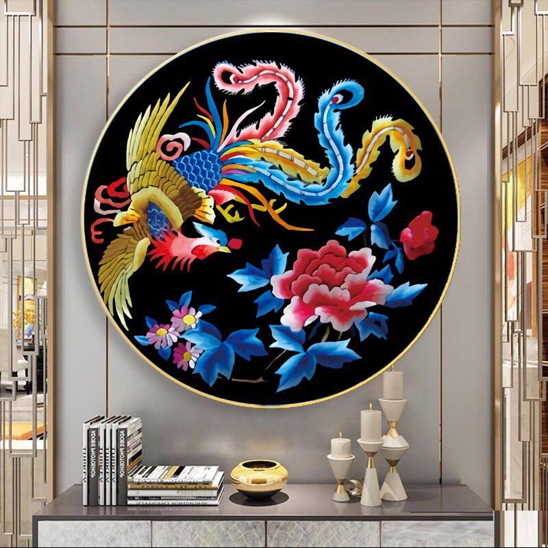 新中式圆形入户玄关装饰画客厅餐厅背景墙龙凤呈祥百鸟朝凤凰挂画