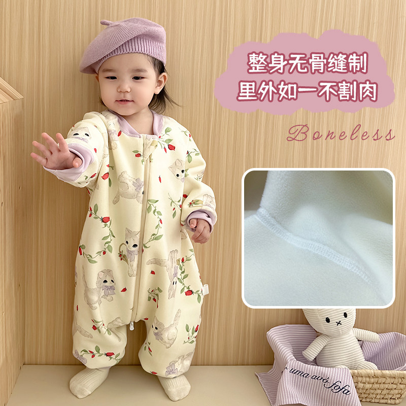 婴幼儿冬季奥利绒加绒加厚无骨睡袋儿童分腿连体衣宝宝防踢被睡衣