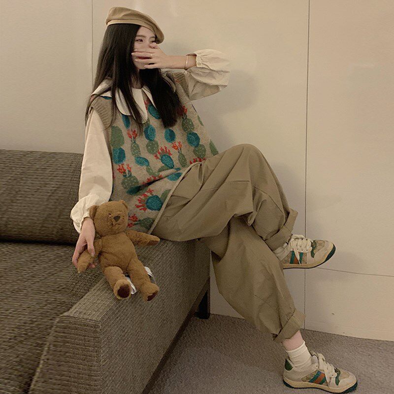 大码女装秋季时尚套装云朵领衬衫+针织马甲+百搭肥腿裤显瘦三件套