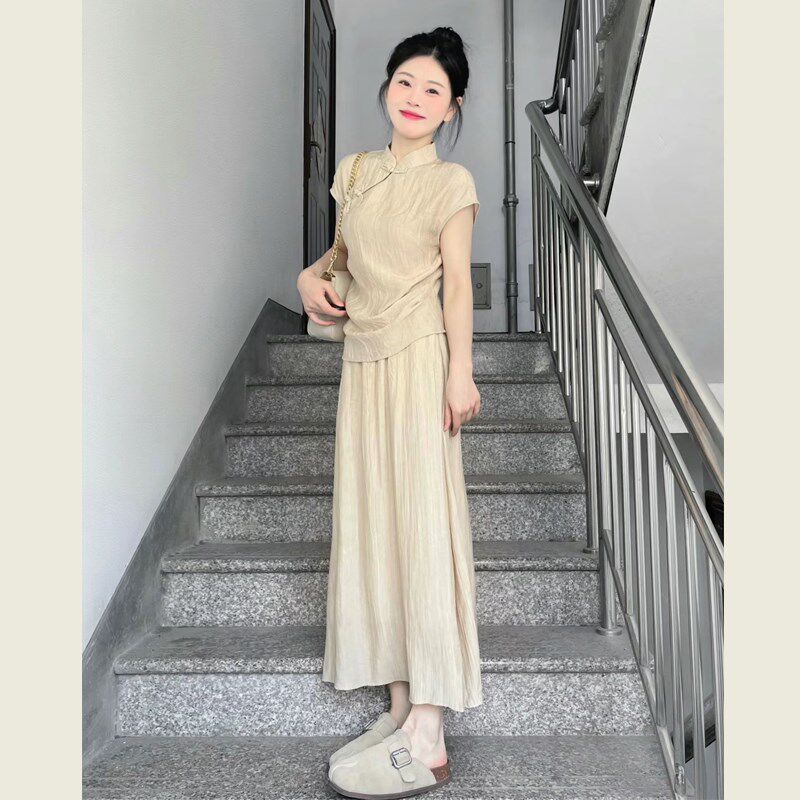 新中式国风旗袍改良版套装盘扣立领上衣高腰半身裙两件套女夏季
