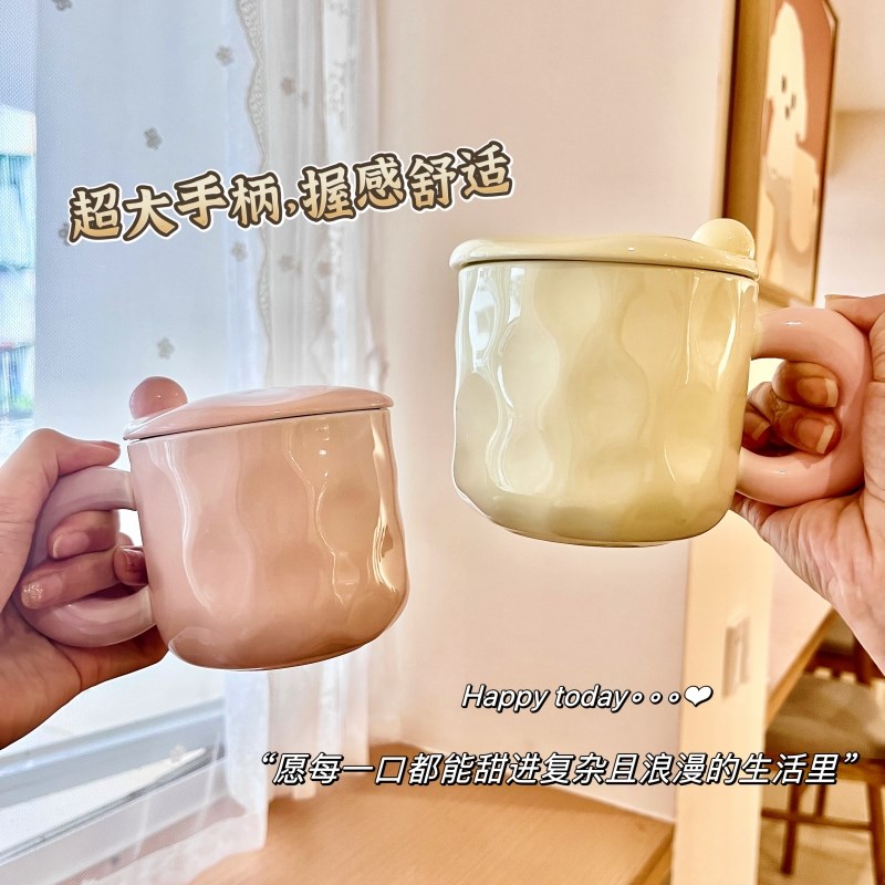 奶油风高颜值马克杯女生日礼物带盖勺子大容量办公室新款陶瓷水杯图片