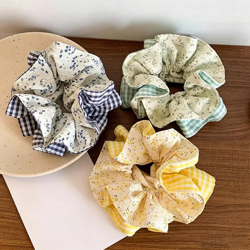 碎花格纹撞色高弹力大肠发圈头饰