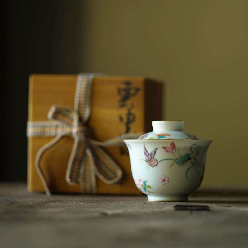 云由山坊景德镇粉彩蝶恋花盖碗描金手工手绘中式泡茶碗