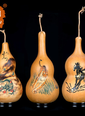 天然工艺品针烙画摆件马吉画龙摆件葫芦特大墨祥手工寓意虎刻精品