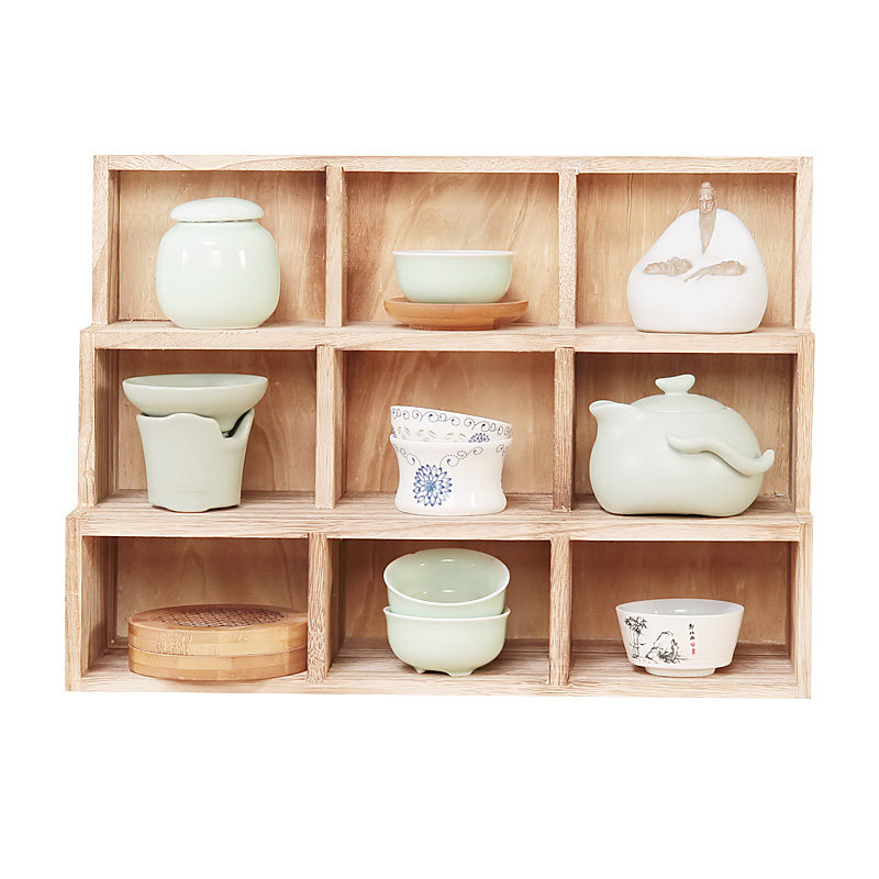 原木多宝阁茶架壁挂茶具展示储物架博古架九空格桌面收纳茶室家用