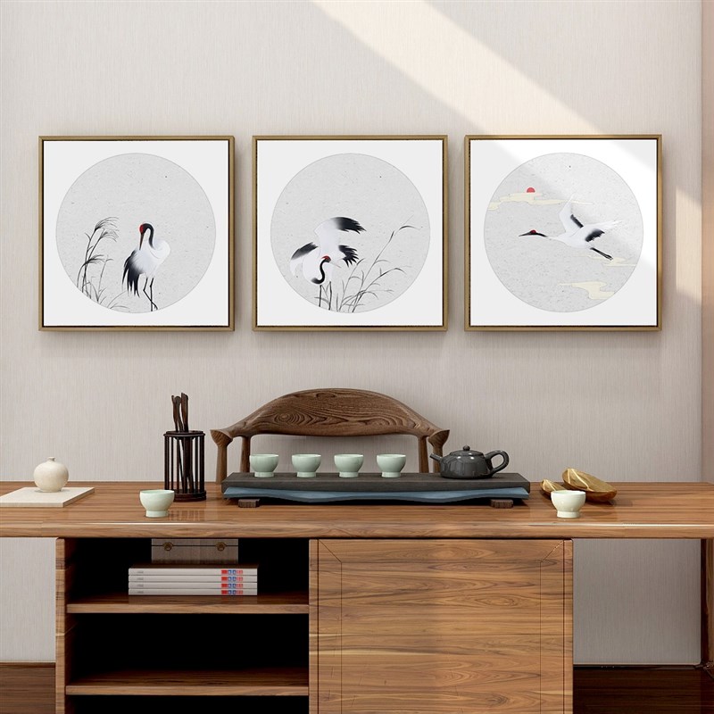 饭厅定做图丹顶鹤装饰画新中式餐厅仙鹤挂画古风茶室背景墙壁画