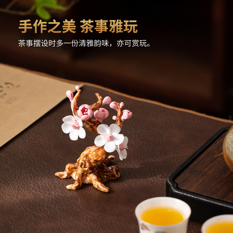 新中式陶瓷奼紫嫣红手捏花桌面摆件家用书房纯手工瓷花镇纸装饰品