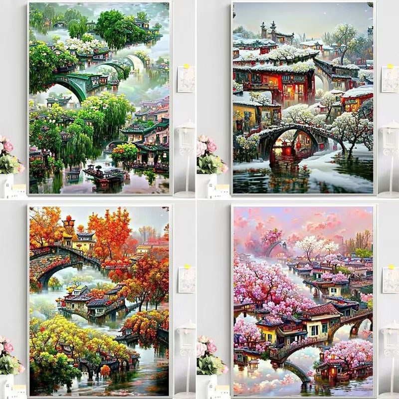 春夏秋冬四季十字绣2023新款客厅绣线满绣风景山水画四联画手工绣